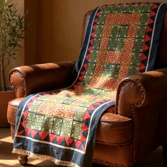Hand made needlepoint colorful black/ red/ yellow lap quilt runner - Picture 1 of 8
